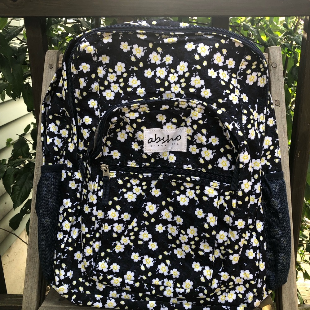 Daiso Kids Floral Backpack – Black with White & Yellow Flowers